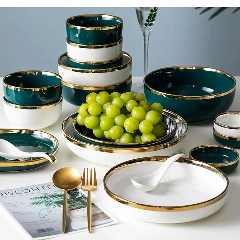 Nordic Ceramic Green Bowls and Plates Set Household Bowsl Dishes Light Luxury Combination with Golden Dinner