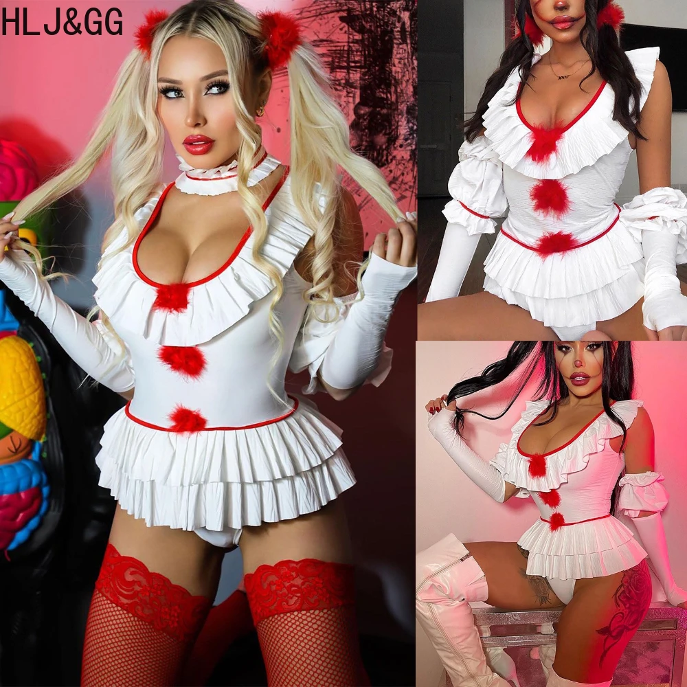 HLJ&GG White Sexy Deep V Ruffle Bodysuits Women Ruched Solid Slim Rompers Fashion Party Clubwear Jumpsuits Cosplay 2025 New