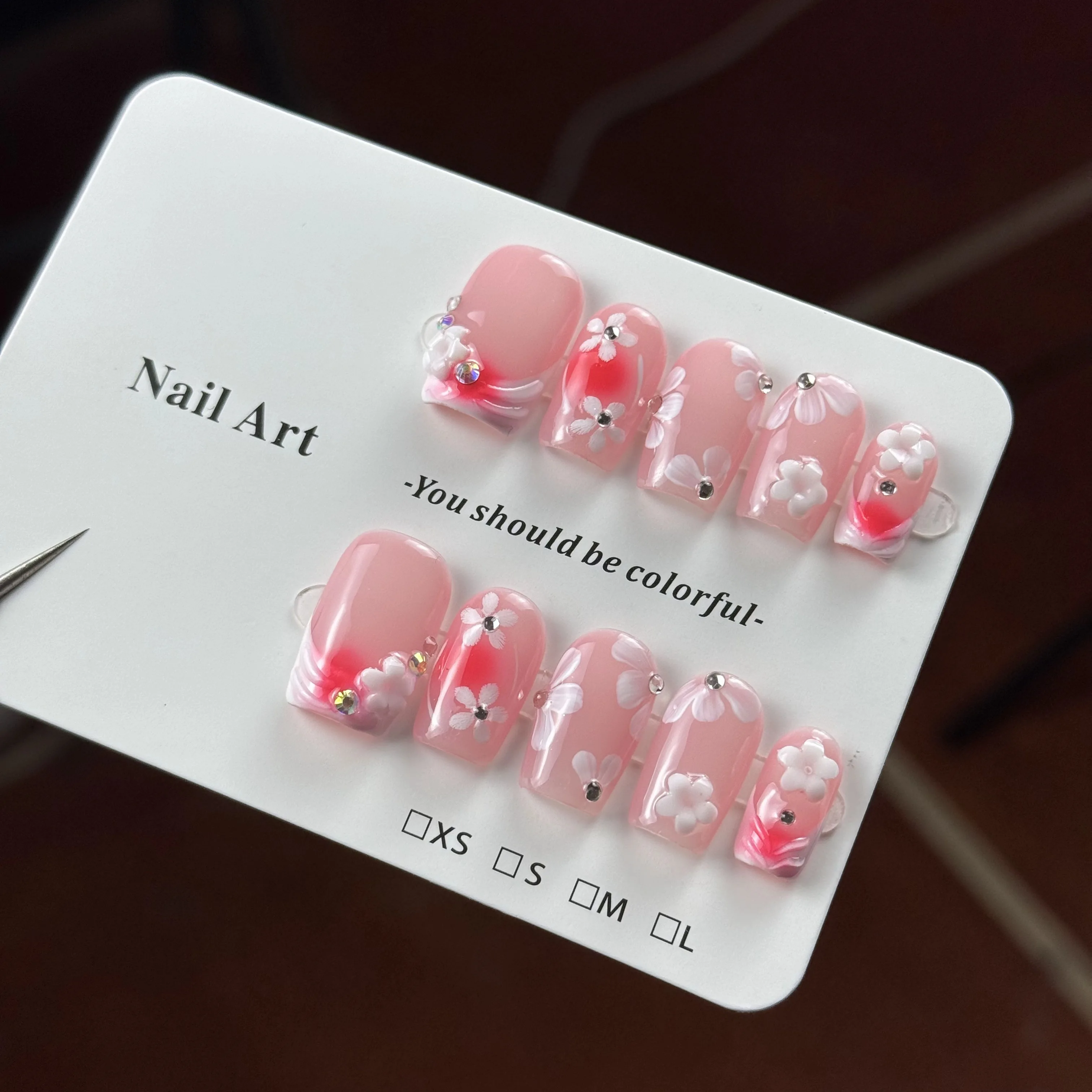 10 قطع من أسلوب الحلو واللطيف الراقية، المنحوتات المرسومة يدويًا، أزهار الكرز الحلوة، أظافر صناعية مصنوعة يدويًا من الماس المتلألئ