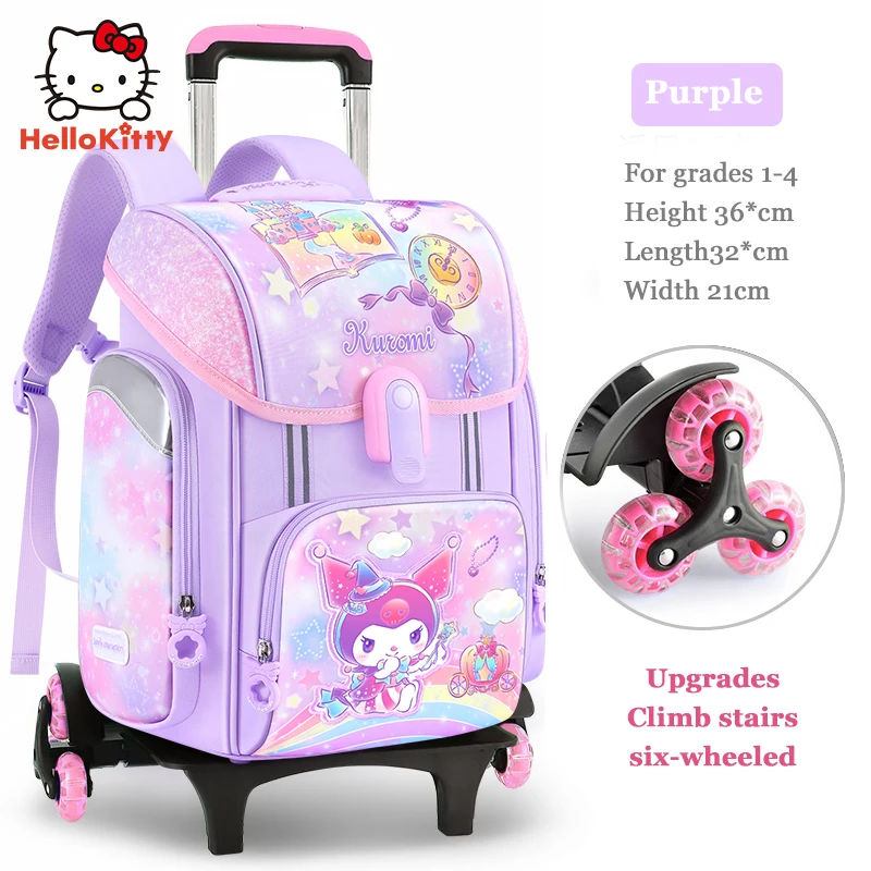 Miniso Kuromi Girls Schoolbag On Wheels Pupils 6 Rounds Trolley Bag Student Wheeled School Bag Children Backpack Grade1-3-6 Gift