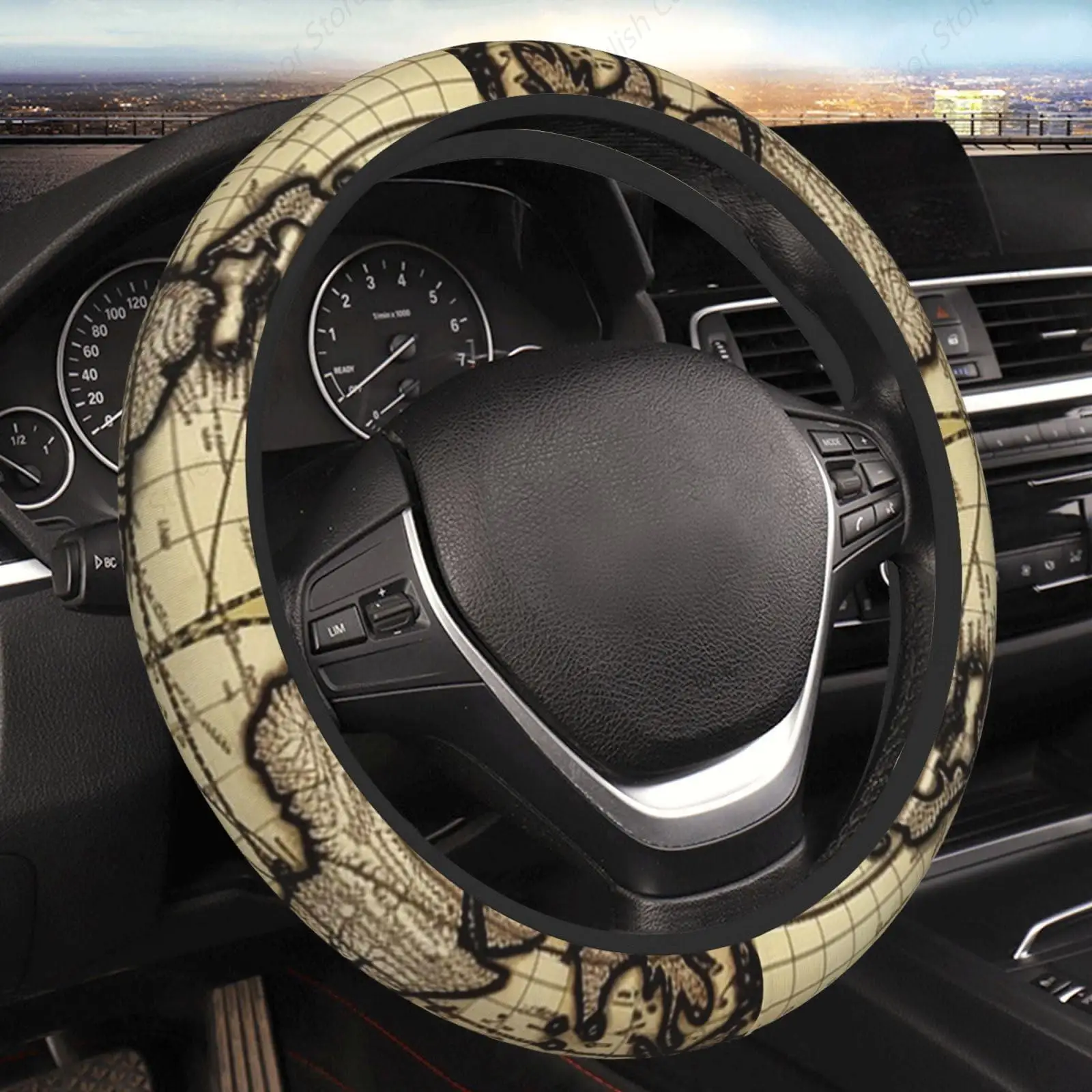 Ancient Map World Globe Car Steering Wheel Cover Elastic Stretch Steering Wheel Cover Non-Slip Steering Wheel Protector 15 inch