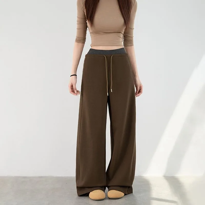 بنطال رياضي بحزام خصر مضلع أمريكي لخريف وشتاء 2025 سروال نسائي جديد عالي الخصر كسول غير رسمي واسع الساق