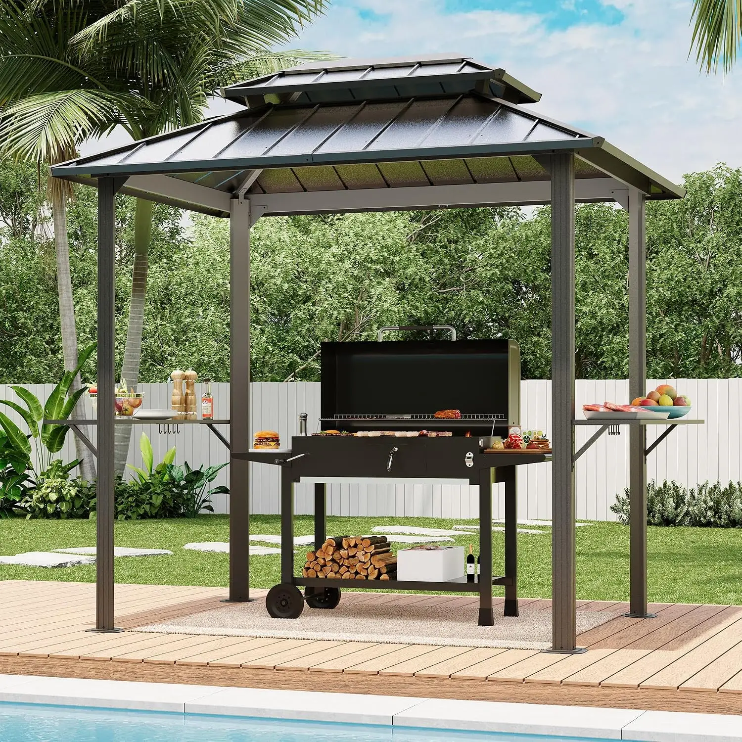 8x6 ft Hardtop Grill Gazebo Galvanized Steel Double Roof Metal BBQ Canopy with Shelves & Hooks for Backyard, Customized