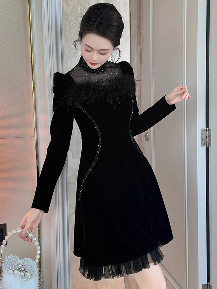 Damska Francuska Czarna Puszysta Sukienka na Imprezę Elegancka Słodka Przezroczysta Sukienka Balowa z Siateczki i Cyrkoniami Retro Wieczorowa Vestido
