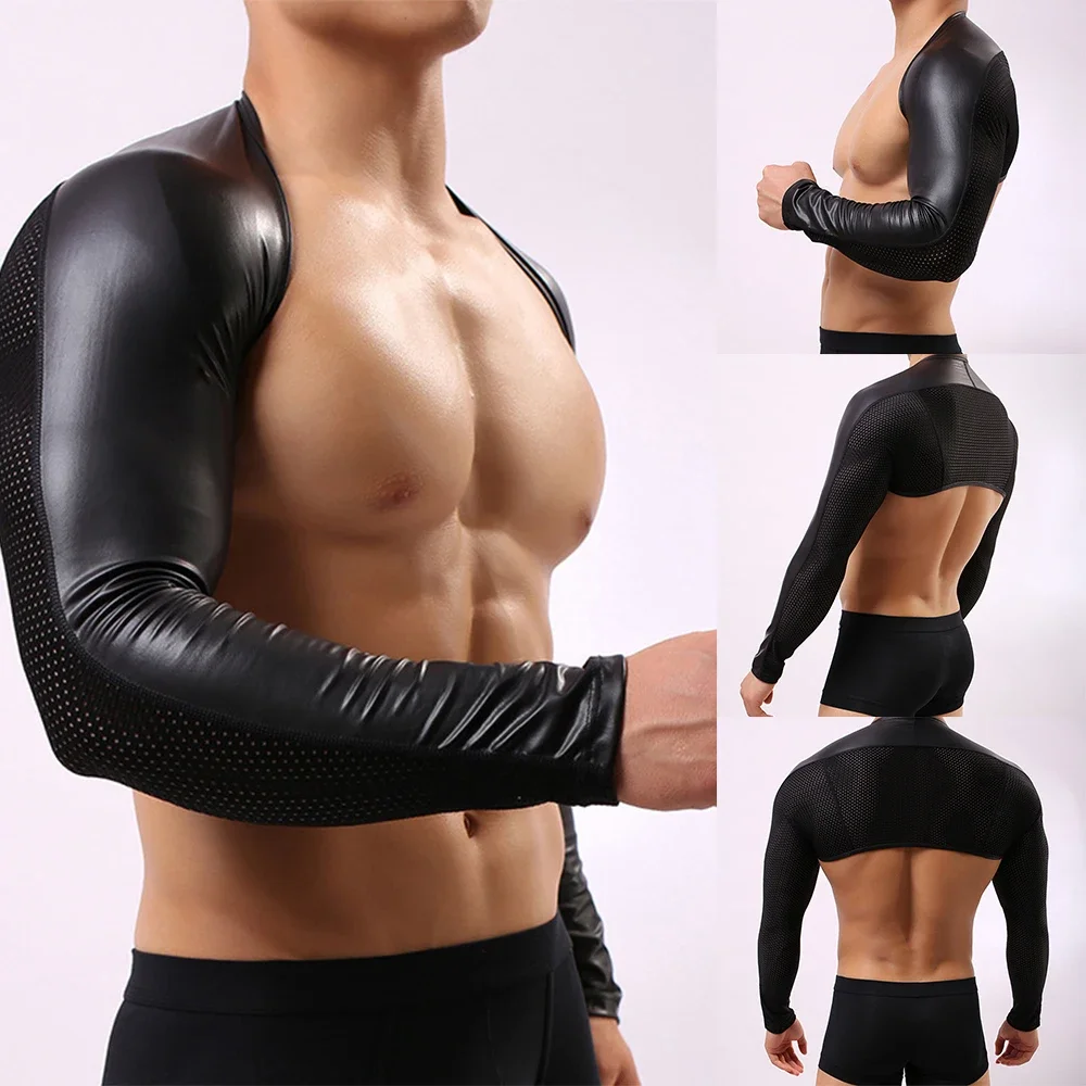 Mens T-Shirts Black Faux Leather Mesh Men Crop Tops Gay Sexy Spandex Long Sleeve Wrestling Shirts Men\'s Sexy Underwear Tops