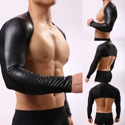 Mens T-Shirts Black Faux Leather Mesh Men Crop Tops Gay Sexy Spandex Long Sleeve Wrestling Shirts Men's Sexy Underwear Tops