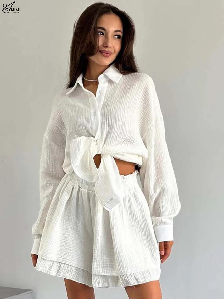 

Oymimi Elegant White Cotton 2 Pieces Set For Woman Casual Lapel Long Sleeve Single Breasted Shirts And High Waisted Shorts Sets