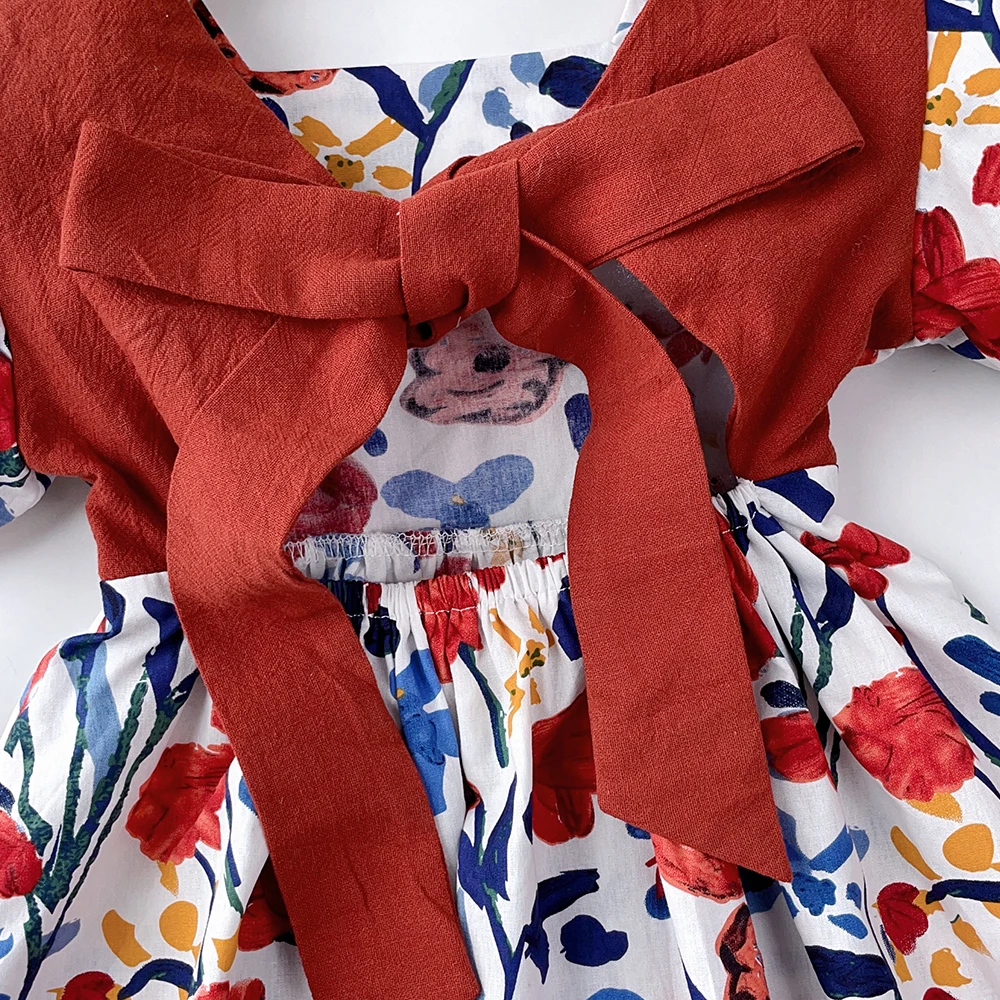 3-7 سنوات الفتيات الصيف موضة جديدة الملابس الحلوة طباعة نفخة الأكمام القوس عارية الذراعين فستان الأميرة 1 قطعة الاطفال ملابس لطيف للحفلات