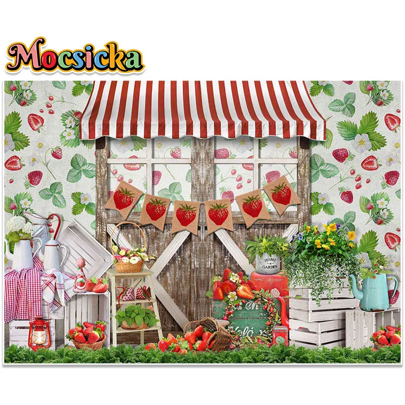 Mocsicka – arrière-plan pour photographie, thème fraise de printemps, décoration de porte en bois, accessoires de Studio Photo pour Portrait d'enfants et adultes