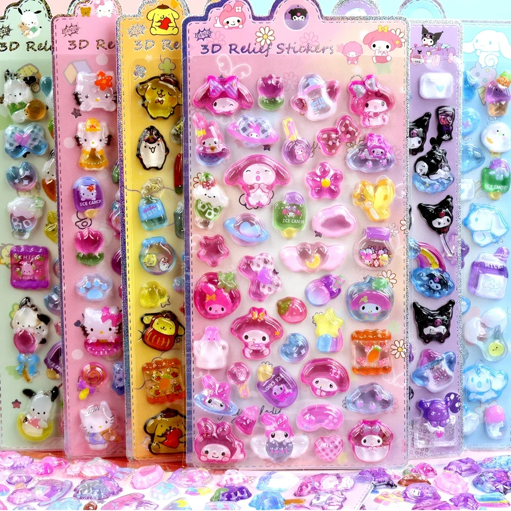 3D Relief Stickers Cartoon Kawaii Sanrio Kuromi My Melody Crystal Decals Speelgoed Waterdichte Kinderen Beloning Sticker Geschenken