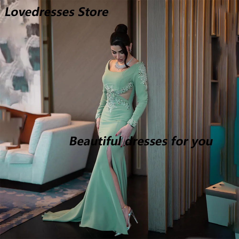 Green Jersey Crystal Beading Luxury Evening Dress Customized Square Neck Mermaid Floor Length Prom Gown Formal Party Dress