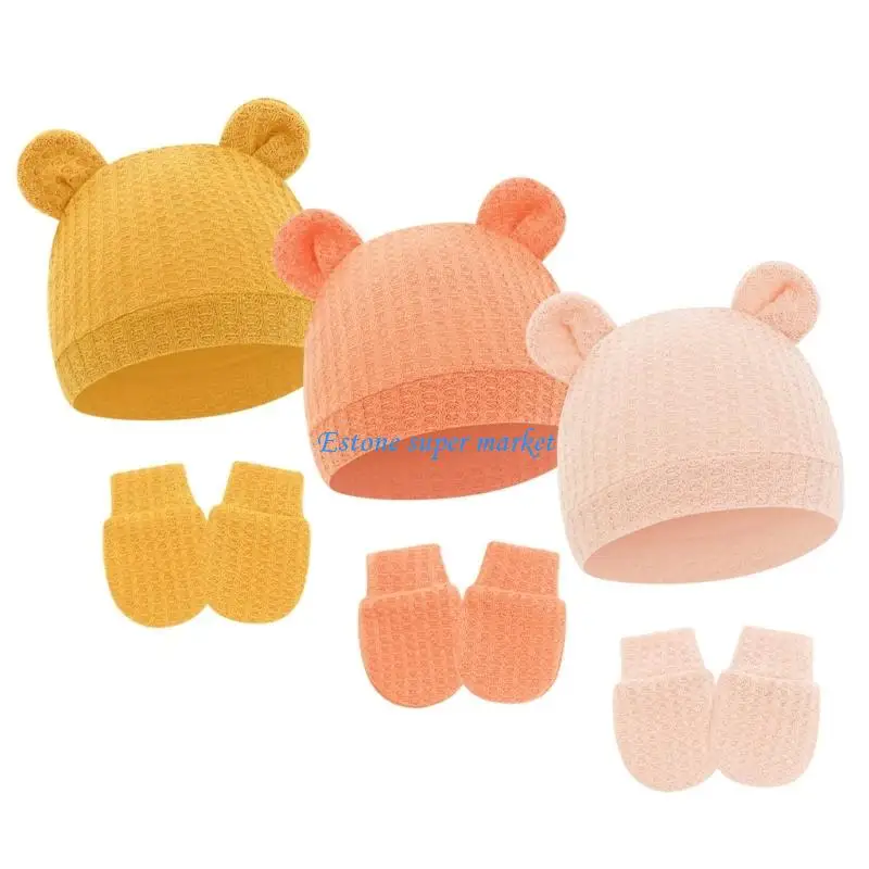 090B 3 Set Infant Hospital Hat And Mittens Set With Bear Ears Accent Soft Breathable