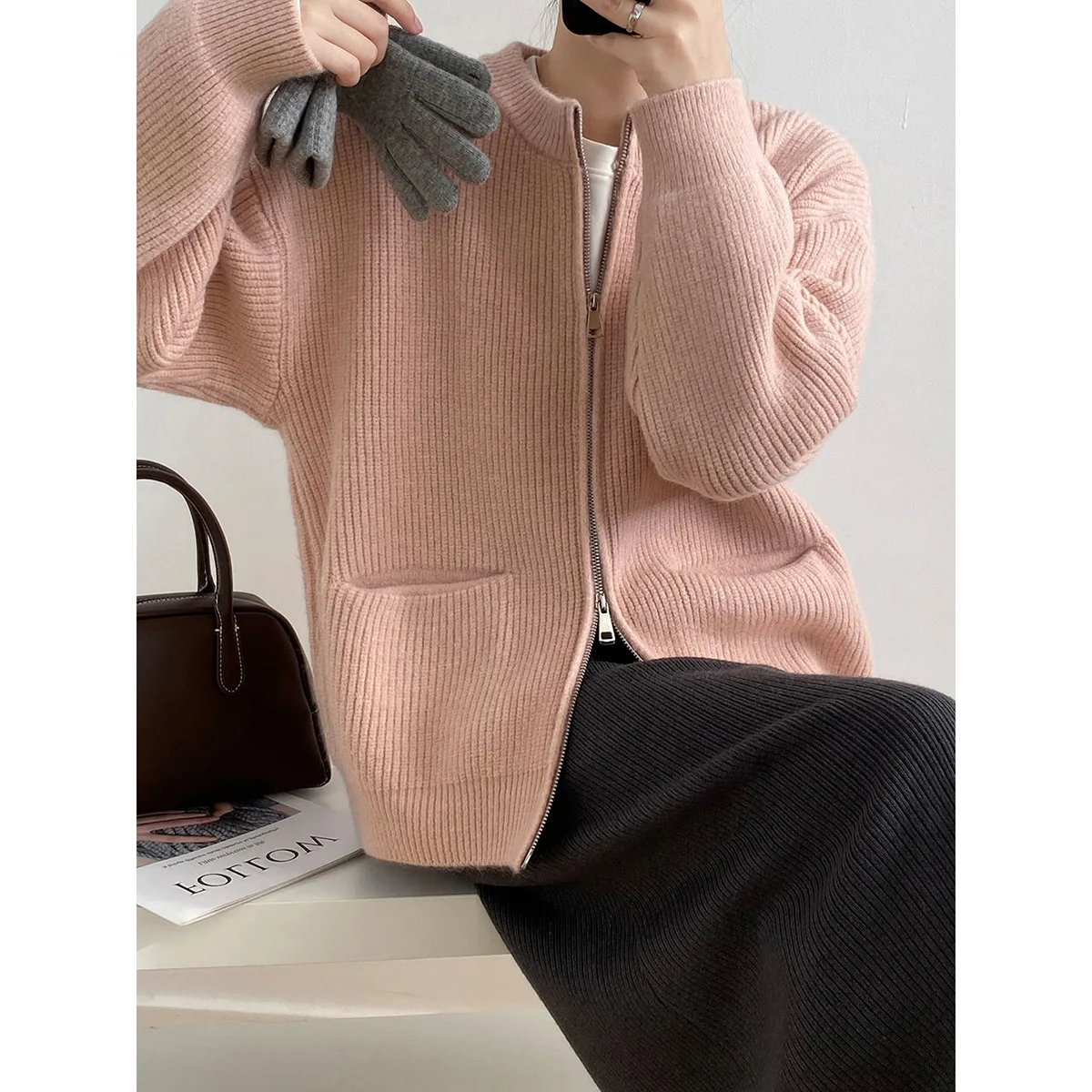 2023 Women Spring O-Neck Cardigans Zip Design Loose Style Long Sleeve Women Soft Sweater Winter Cardigans Coat