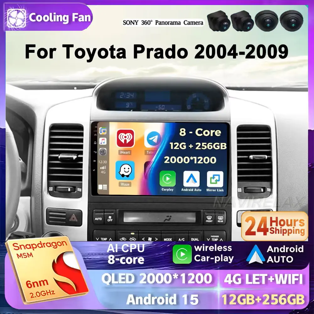 Rádio Automotivo 2DIN Android 15 Multimídia com GPS e Vídeo para Toyota LAND CRUISER Prado 120 2003-2009 - Central Multimídia