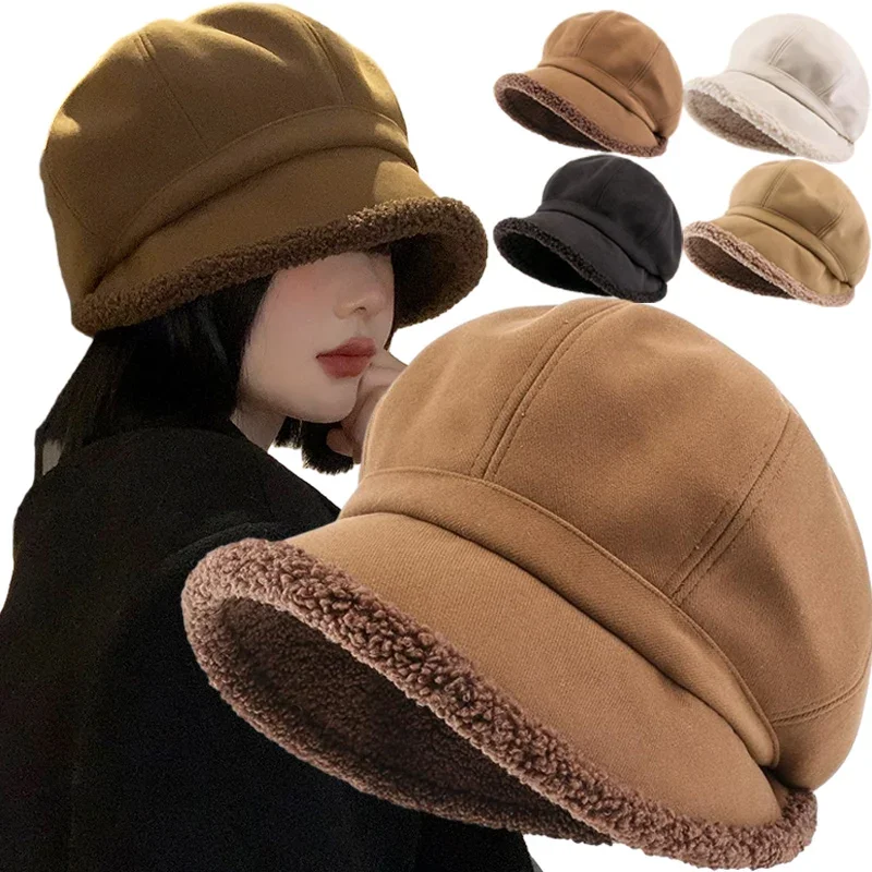 Winter Simple Premium Feel Bucket Hat Velvet Lamb Hair Cap Outdoor Thickened Plus Keep Warm Cute Beret Wide Brim Windproof Cap