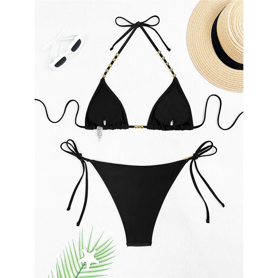 XS - L Neckholder-Bikini mit Metallperlen, Damen-Badeanzug, zweiteiliger Bikini-Set, hoher Beinausschnitt, Badebekleidung, Badeanzug, Schwimmanzug V7618 – Detail 5