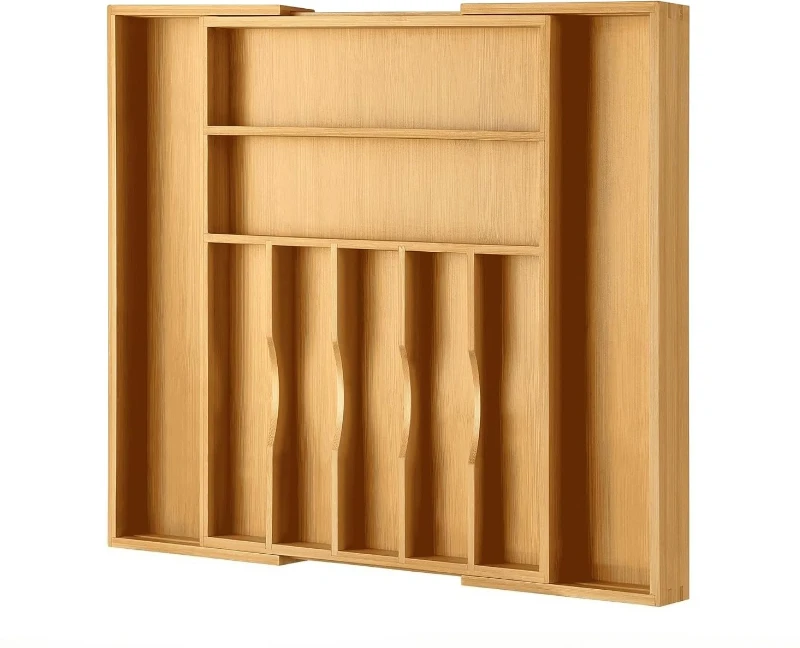 

Natural Bamboo Divided Cutlery Tray, Expandable Drawer Organizer for Home Kitchen Utensils