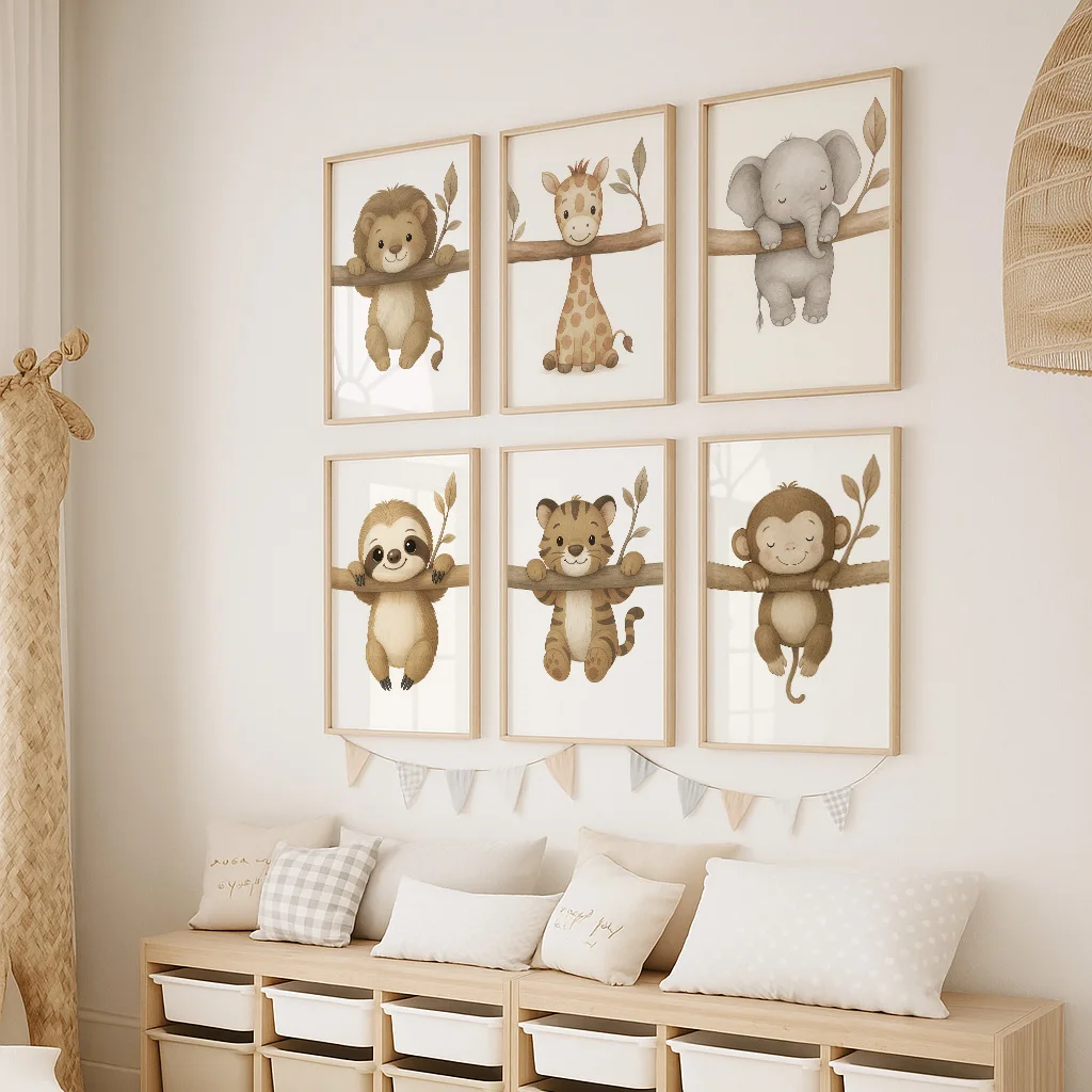 Cute Animal Wall Art Monkey Tiger Lion Sloth Elephant and Giraffe Nursery Print For Kids Room Bedroom or Living Room Decoration