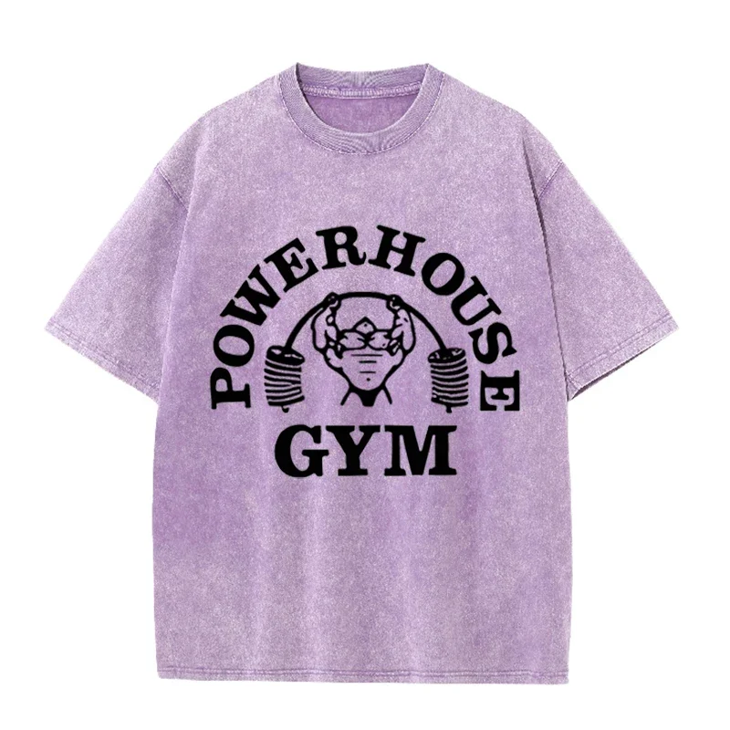 Powerhouse Gym Fitness Print Vintage Washed T-Shirt Gym Workout Casual Tee – Detail 6