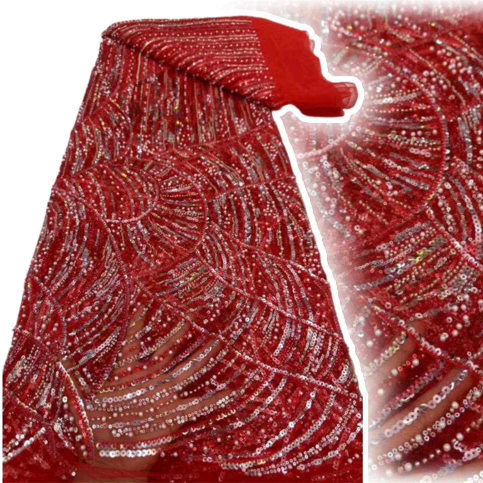 

Красная африканская тюль-кружевная ткань 2025, французская сетчатая ткань с блестками, вышивка бисером, кружевная тюль, сетка, нигерийские платья CC1536