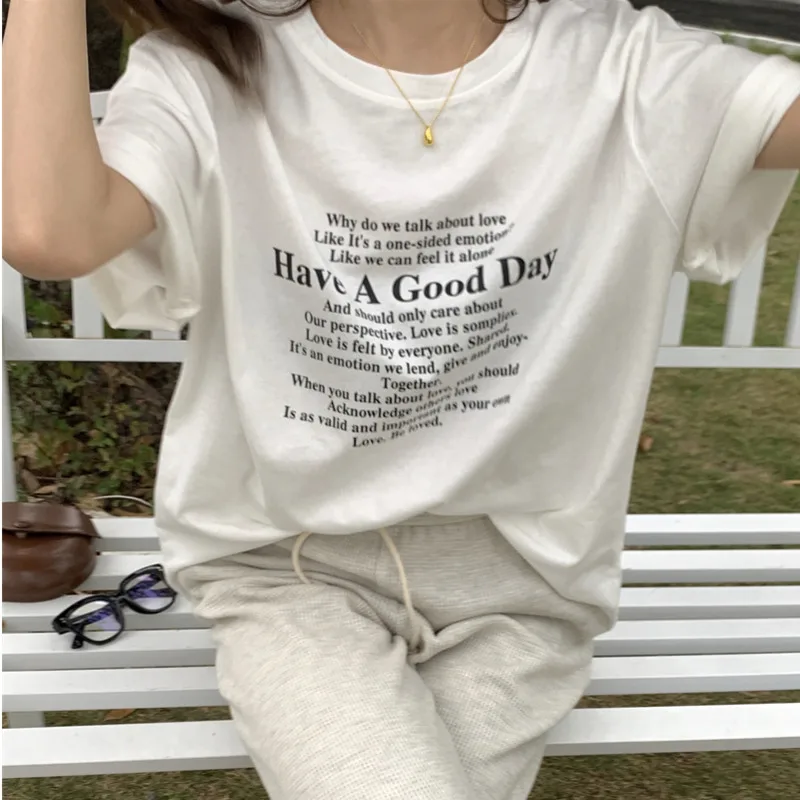 

Oversize Cotton Letter-printed T-shirt Women 2023 Summer Casual Loose Short-sleeve Tees Top Round Neck Simple Streetwear Tshirt