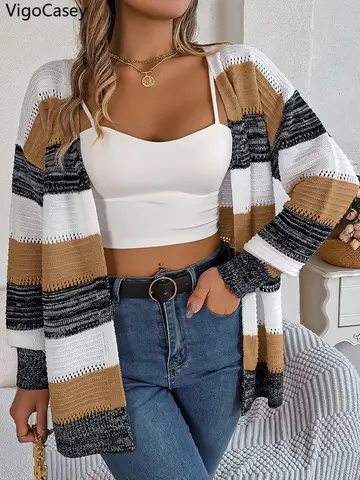 VigoCasey 2025 Autumn Stripe Print Sweater Cardigan Winter Women Casual Long Sleeve Cardigan Lady Loose Knitted Coat Outwears