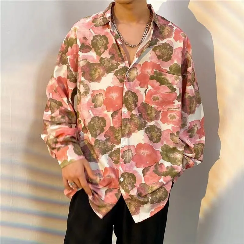 Mens Hawaiian Shirt Streetwear Hip Hop Flower Print Summer Beach Long Sleeve Shirts Men Fashion Casual Male Pocket Blouse Tops