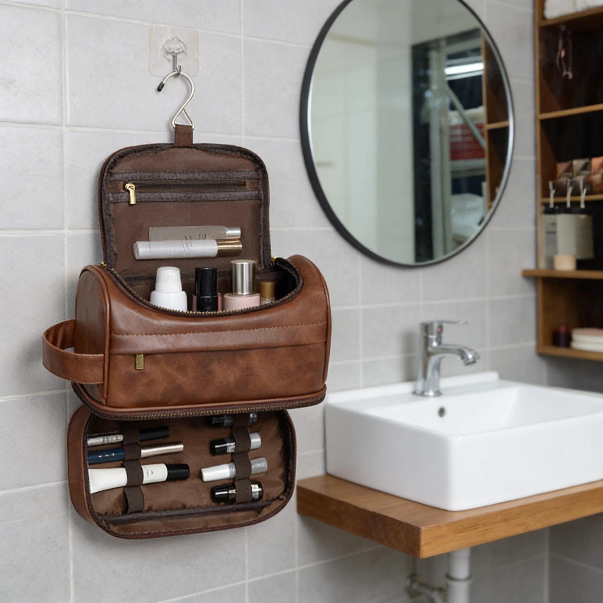 New Personalized Custom Hanging Cosmetic Bag Large Capacity PU Leather Double Layered Men Wash Bag Travel Makeup Organizer
