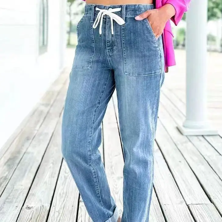 

Женские джинсы, однотонные джинсовые брюки, прямые длинные брюки с карманами на шнурке, повседневные брюки с высокой талией, офисные женские осенне-зимние брюки