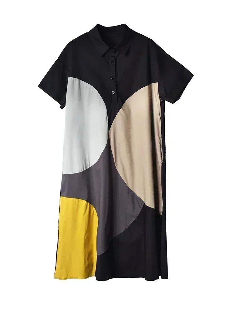 XITAO コントラストカラープリントシャツドレス シンプルファッション ルーズ半袖 ターンダウンカラードレス 2025 夏新作 ZY8451