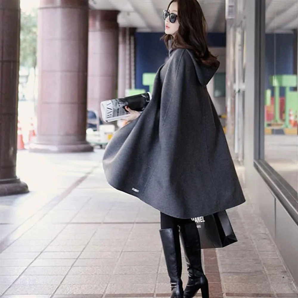 Women Bat Sleeve Mid-long Poncho Coat Autumn Ladies Outerwear Hooded Cape Coat Cloak Shawl Smock Ponchos Abrigos Mujer Invierno