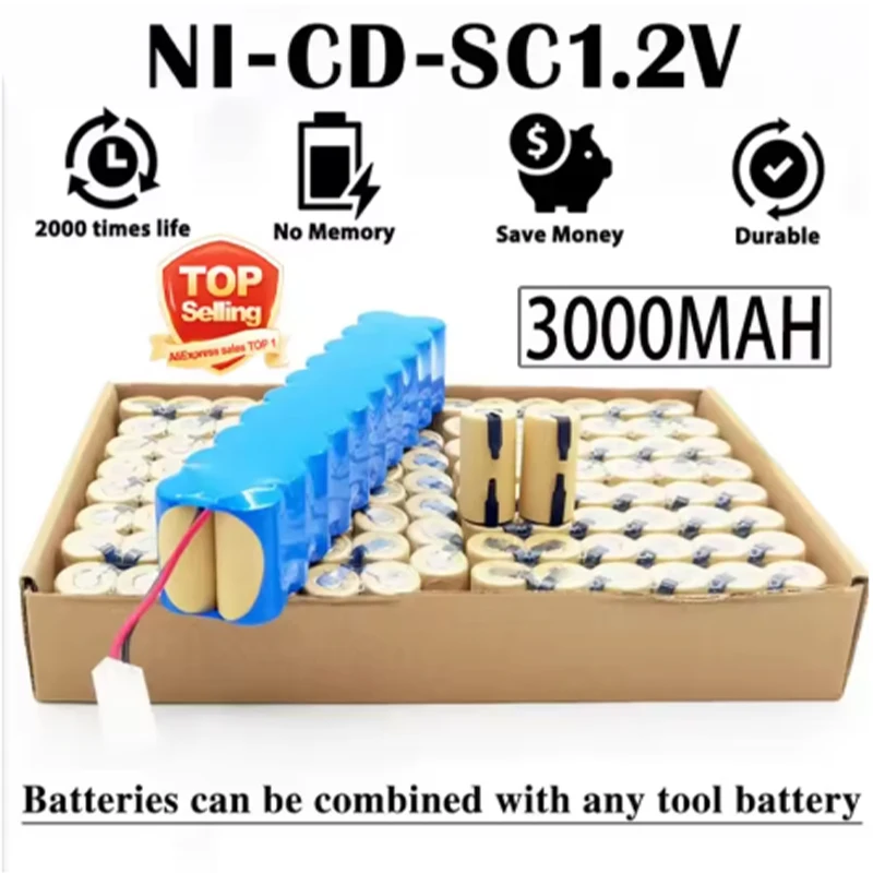 EU-Lager, schnelle Lieferung, 1,2 V, 3000 mAh, wiederaufladbare Ni-Cd SC-Batterie mit Anschlussklemmen, Ersatz für Elektrobohrmaschinen, Schraubendreher und Elektrowerkzeuge.
