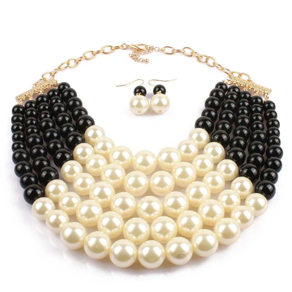 Drop Shipping Five Layers Black White Imitation Pearl Choker Chunky Statement Gamma Phi Lambda Alpha Melanin Necklace Jewelry