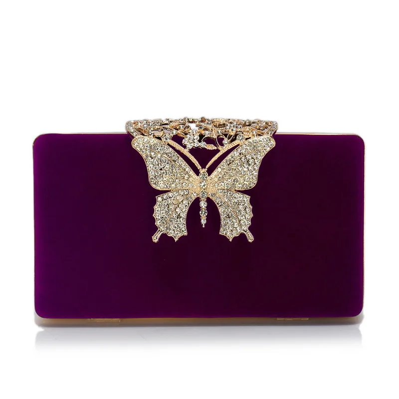 

Female Vintage Red Velvet Evening Bag Retro Studded Diamond Butterfly Buckle Purple Clutch Purses Wedding Party Ladies Hand Bags