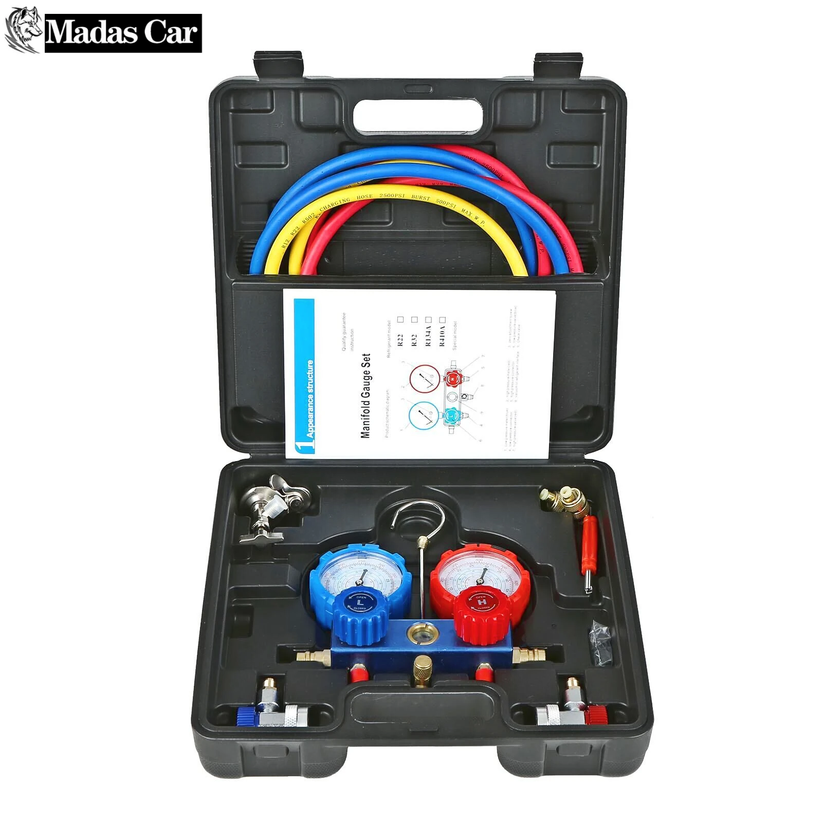 

Tool Kit Set Car Air Conditioning Pressure Manifold Gauge Hose Adapter for R22 R-410A R-134a R-404A Refrigerant Pressure Gauge