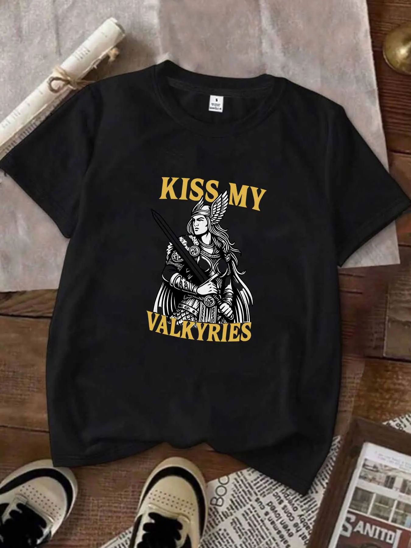 【WY058809】تي شيرت نسائي بأكمام قصيرة ورقبة دائرية مقاس كبير مع نصف كم مرن ومطبوعات عصرية