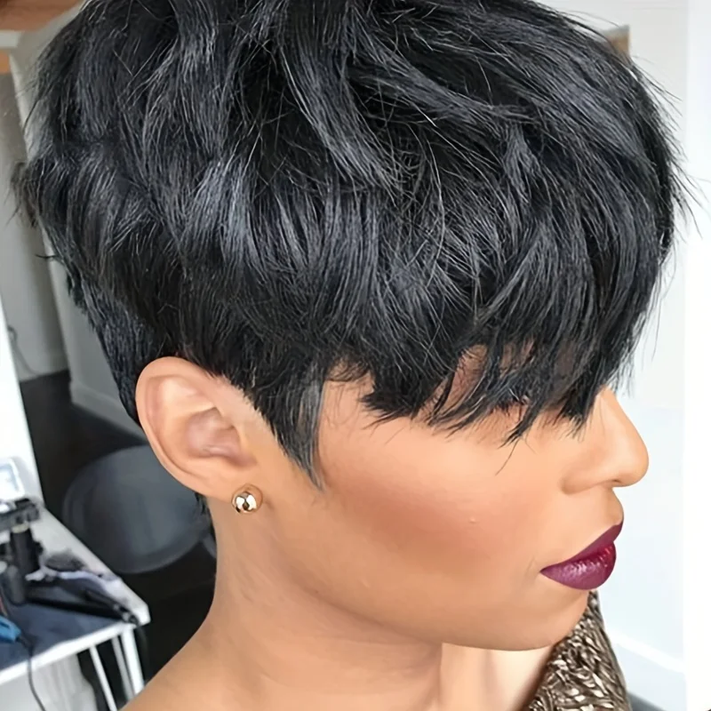 ピクシーカット ストレート人毛ウィッグ 女性用 4 # /99J/1B カラー フルマシンメイドウィッグ ショートレイヤードストレートウィッグ 前髪付き 6インチ