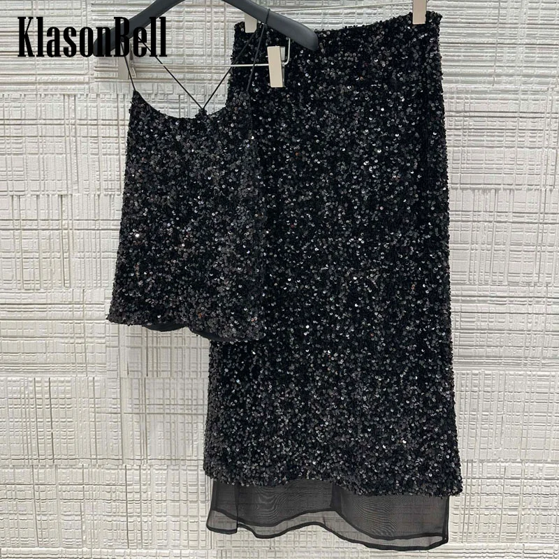 

7.13 KlasonBell Women Velvet Bling Sequin Embroidery Elegant Sexy Backless Strap Tank Top Or Double-Deck Organza Long Skirt Set