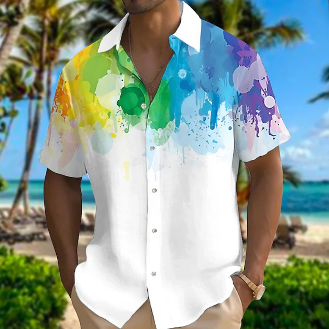 Summer Shirts Men Gradient Colorful Pattern Hawaiian Button Down Shirts Outdoor Casual Short Sleeve Tops Fashion Men's Clothing