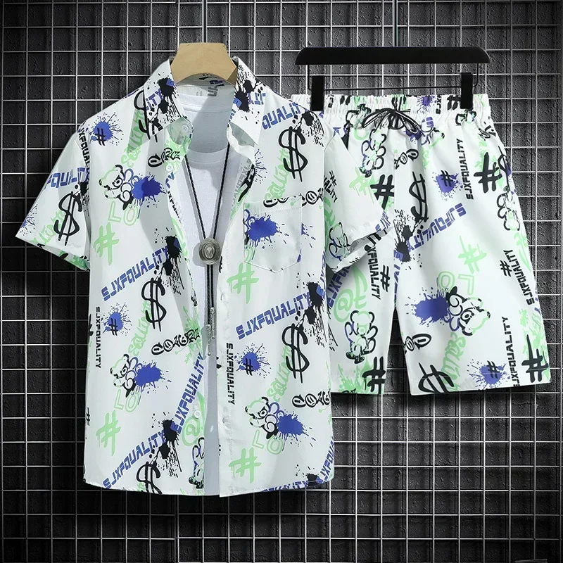 Hawaiian Beach Shirt Ensemble Men\'s Baggy Short-Sleeved Combo for Hainan Travel Vacation Cartoon Half-Sleeved Floral Shirt Tops