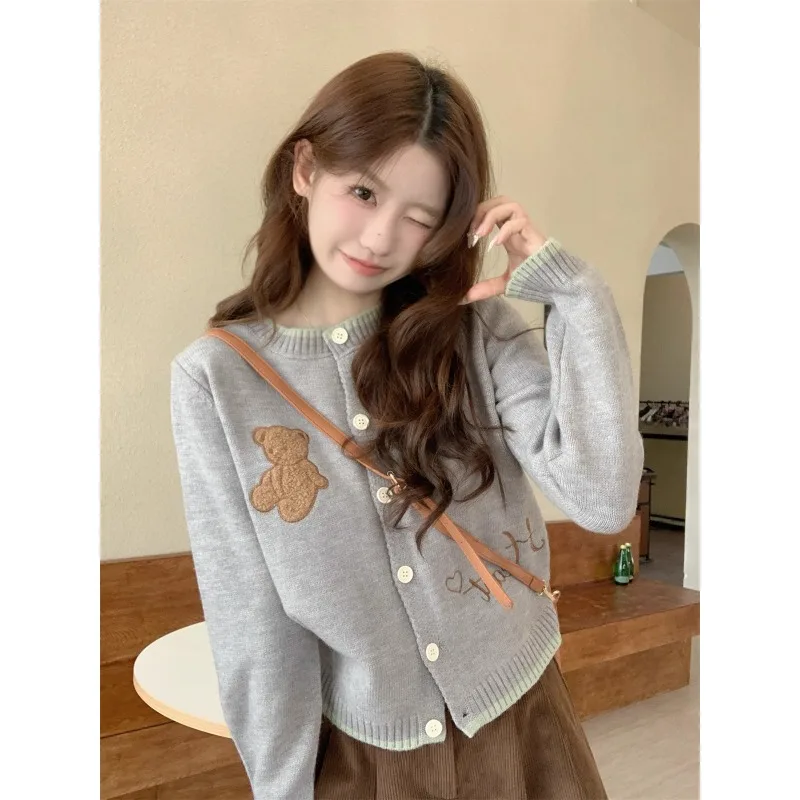 

Autumn Winter Fashion Cartoon Embroidery Preppy Style Knitted Cardigan Women's Casual O-neck Single Breasted Slim Warm Sweaters