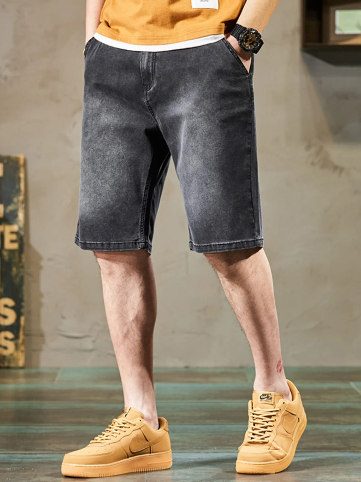 

Bla Elastic Ice Silk Jeans orts Men's Casual Loose plus Size Waed Five-Point Pants Youth Summer Faion Trend