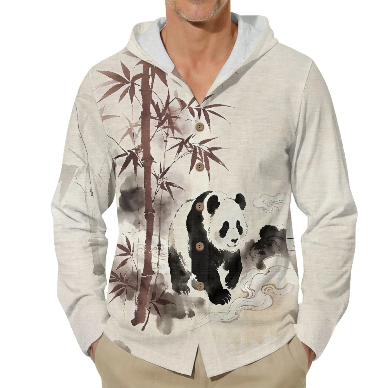 PENSTROLL Panda Ink Linen Like Men's Linen Hoodie Button Front Beach Cover Up for Outdoor Size S-3XL