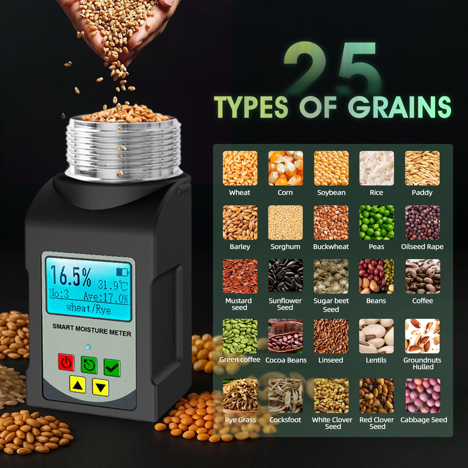 Portable 25-Grain Intelligent Moisture Tester with Digital Display, Voice Broadcast, and Data Hold Function