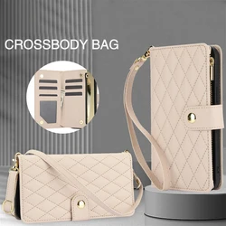 Crossbody Zipped Leather Wallet Wrist Strap Phone Case for Samsung S25 S24 Plus S23 S22 Ultra S21 A55 A54 A53 A52 A51 A50 Cover