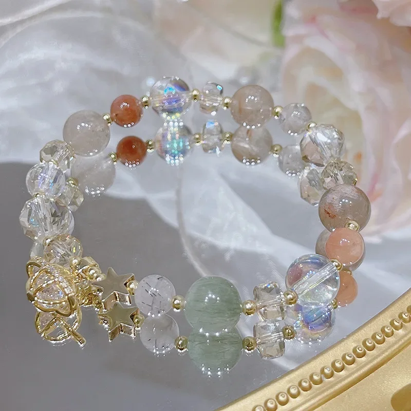 

2023 New Shiny Planet Multicolor Crystal Natural Quartz Rutilated/Sunstone Beaded Bracelets for Women Fine Jewelry YBR647