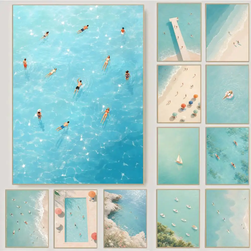 Hand Drawn Aerial Macaron Beach Pool Poster Waterproof Sticky Wall Art Print For Bedroom Living Room Hallway Bar Home Decor