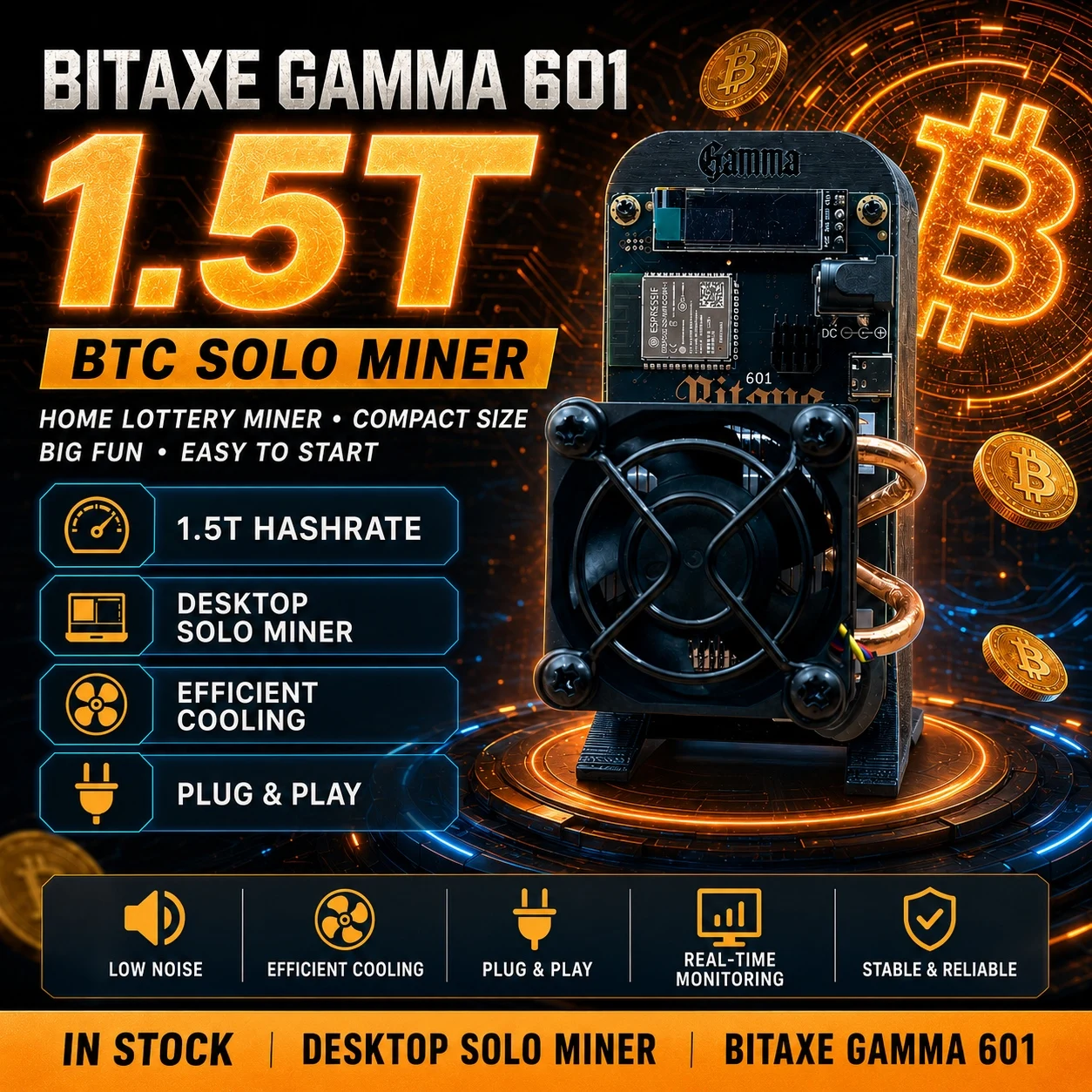 Bitaxe Gamma 601 1.5T Bitcoin Solo Miner BM1370 Chip SHA-256 ASIC WiFi Open Source Desktop Home Mining Machine Low Power