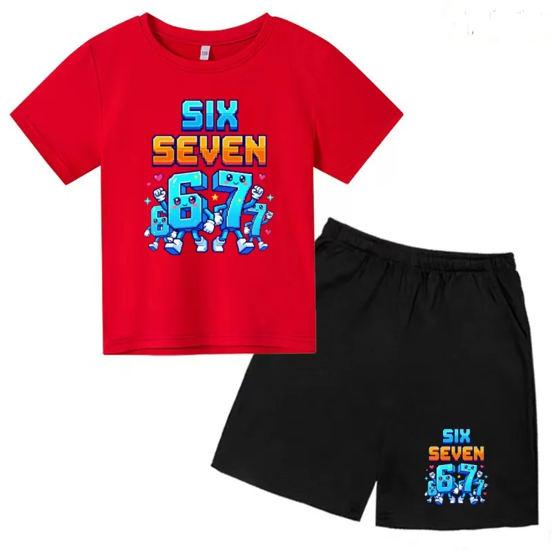 

Kids T-shirt Six Seven 67 Cartoon Number Print Summer Short-sleeved+Shorts Boy Girl Toddler 3-12Yrs Two-piece Casual Fashion Set
