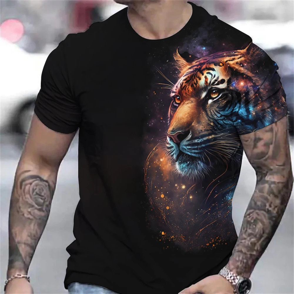 Tiger Print T-Shirt 3D Animal Men\'s Shirts Summer Short Sleeved Male Pullover Oversized Tops Tees Men Clothing